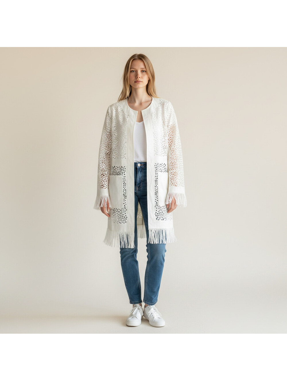 Christina Jacket Women M Medium White Geometric Full Zip Long Sleeve Pockets